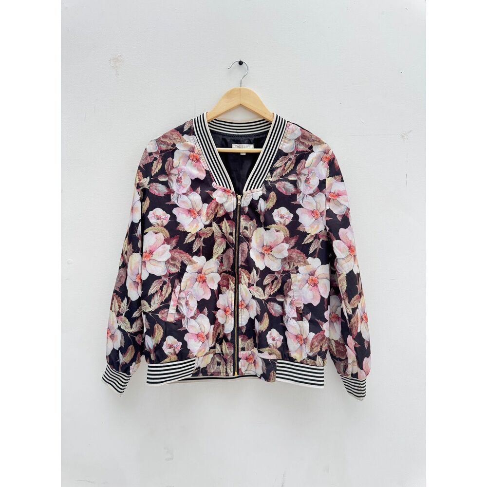 Solitaire Ravi Khosla L Floral Bomber Jacket Black Pink Striped Trim